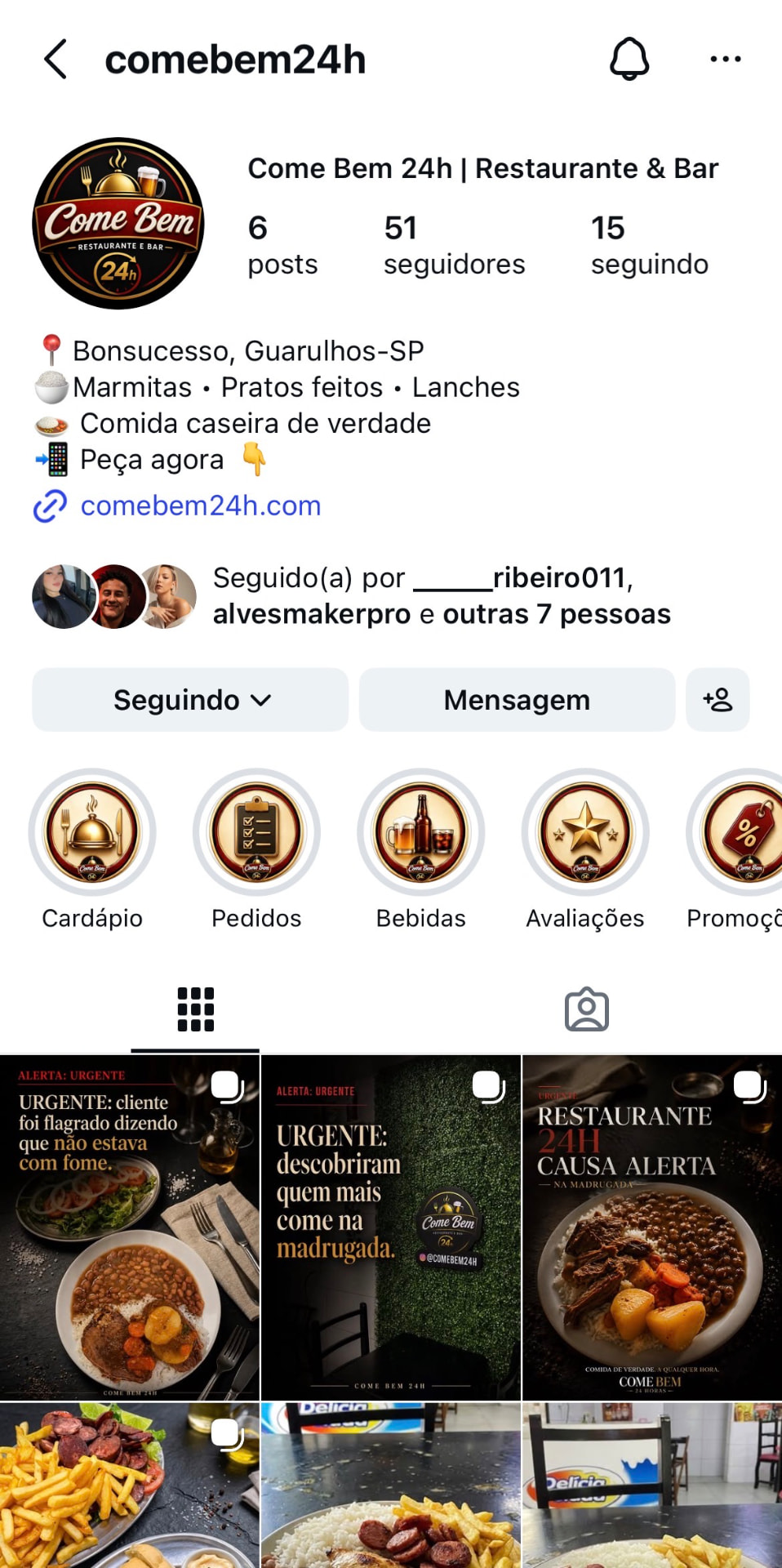 Perfil do Instagram do projeto Come Bem 24h em um celular